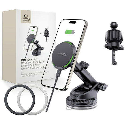 Chargeur voiture sans fil Tech-Protect MM15W-V7 QI2, 15W, 1.67A, Noir