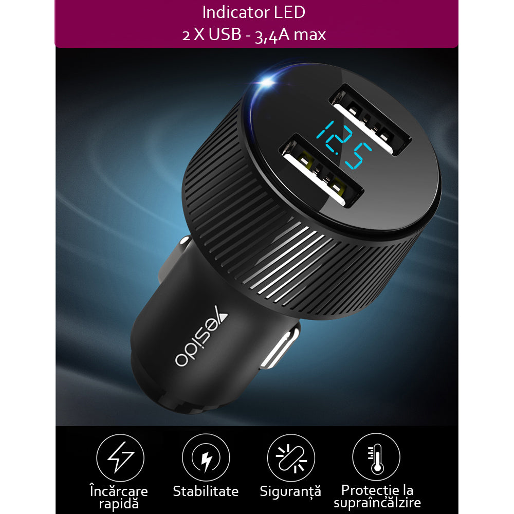 Chargeur de voiture Yesido Y31 Display, 18W, 3A, 2 x USB-A, Noir