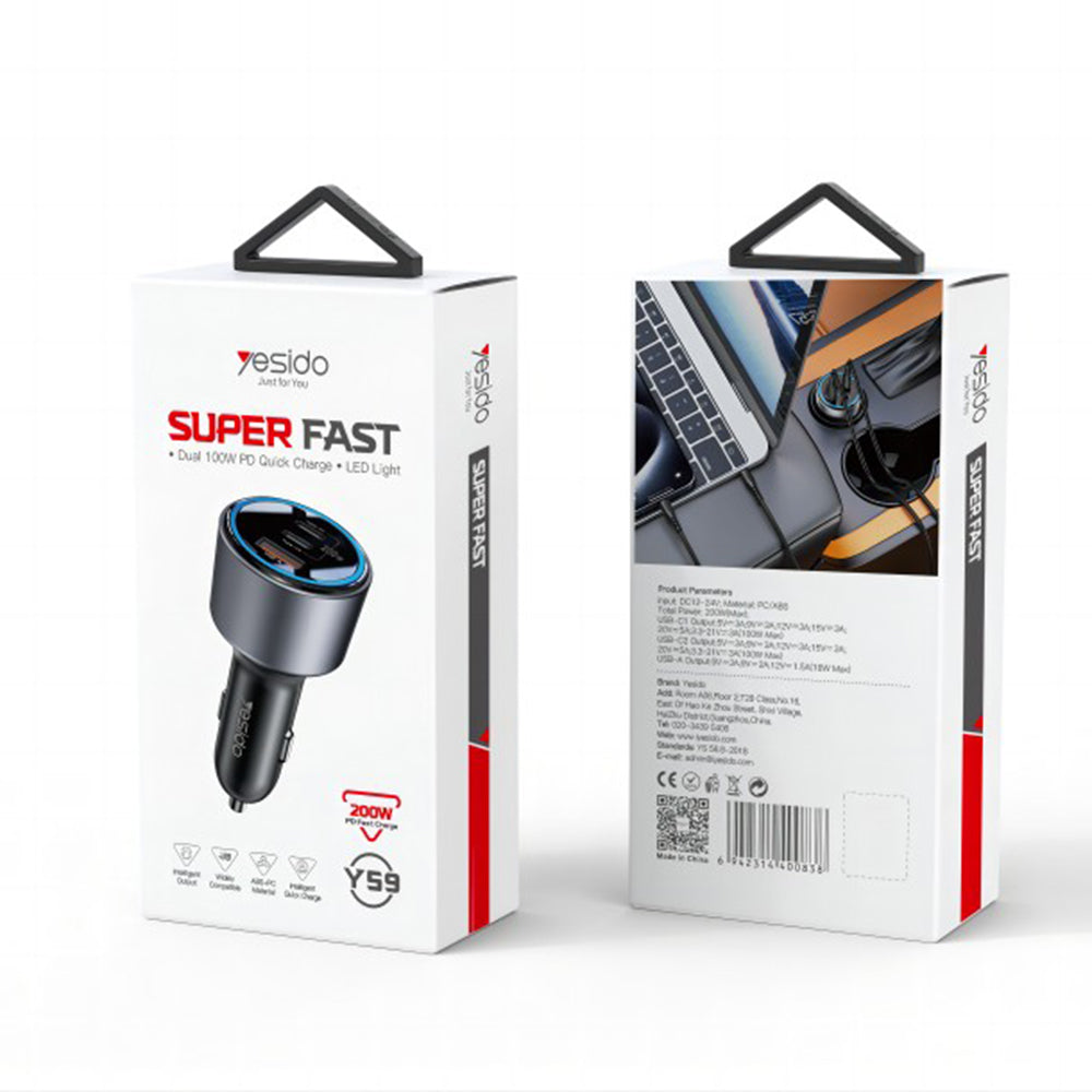 Chargeur de voiture Yesido Y59, 200W, 5A, 1 x USB-A - 2 x USB-C, Noir