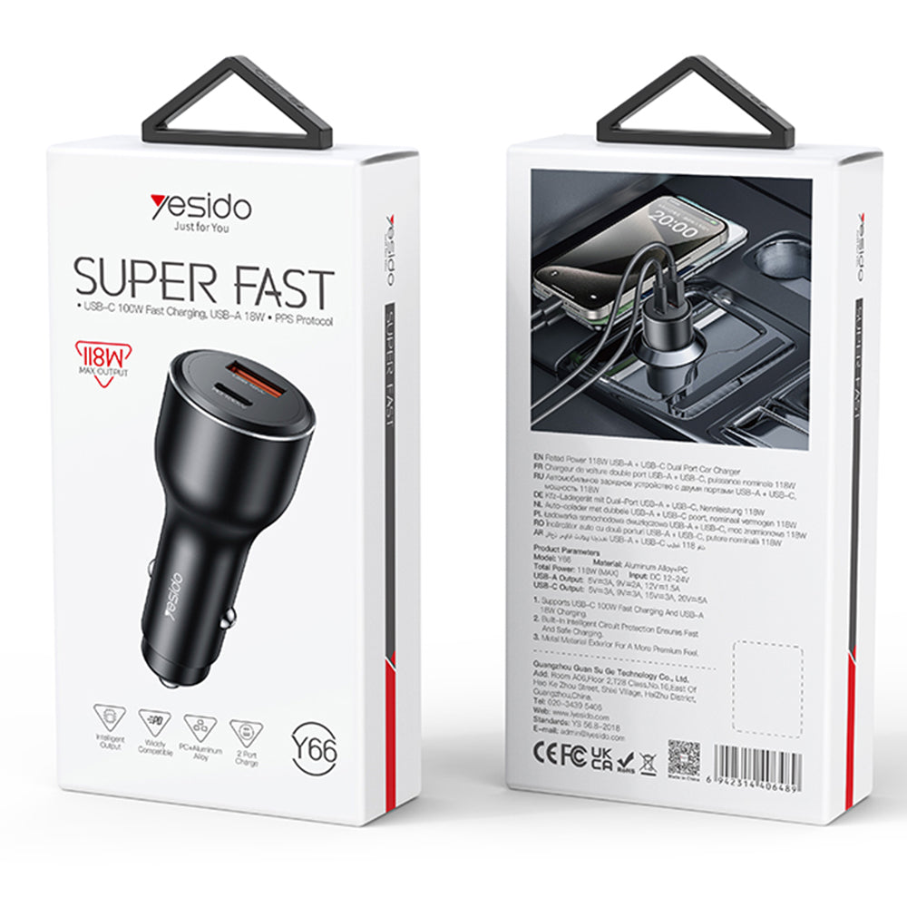 Auto-Ladegerät Yesido Y65, 100W, 5A, 1 x USB-A - 1 x USB-C, Schwarz