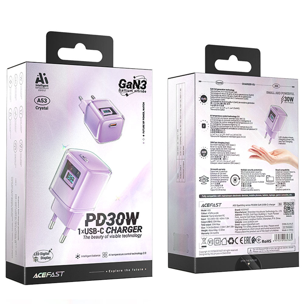 Acefast A53 Sparkling Display Netwerkoplader, 30W, 3A, 1 x USB-C, Paars