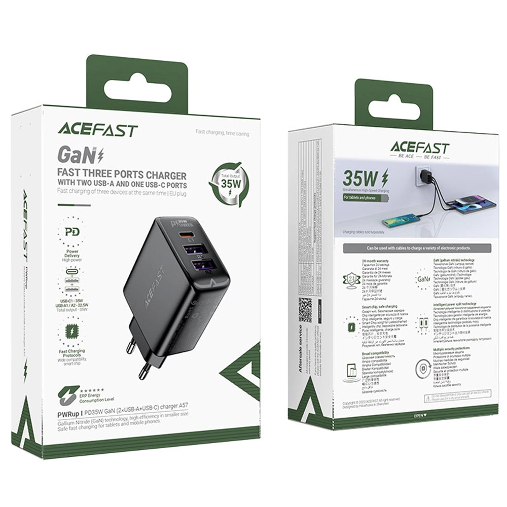 Chargeur réseau Acefast A57, 35W, 3A, 2 x USB-A - 1 x USB-C, Noir