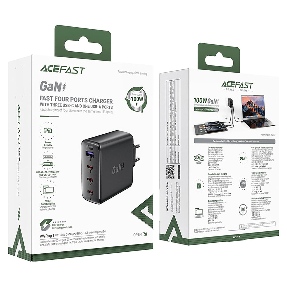 Chargeur Réseau Acefast A94, 100W, 5A, 1 x USB-A - 3 x USB-C, Noir