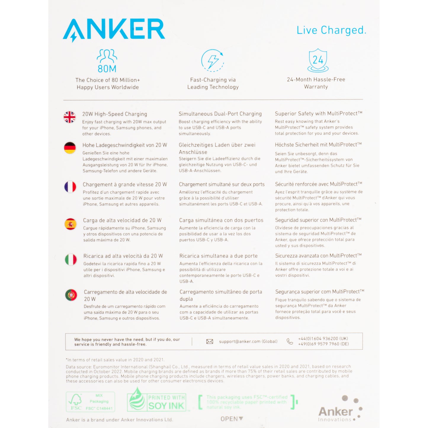Chargeur réseau Anker 312, 20W, 3A, 1 x USB-A - 1 x USB-C, Blanc A2348G21