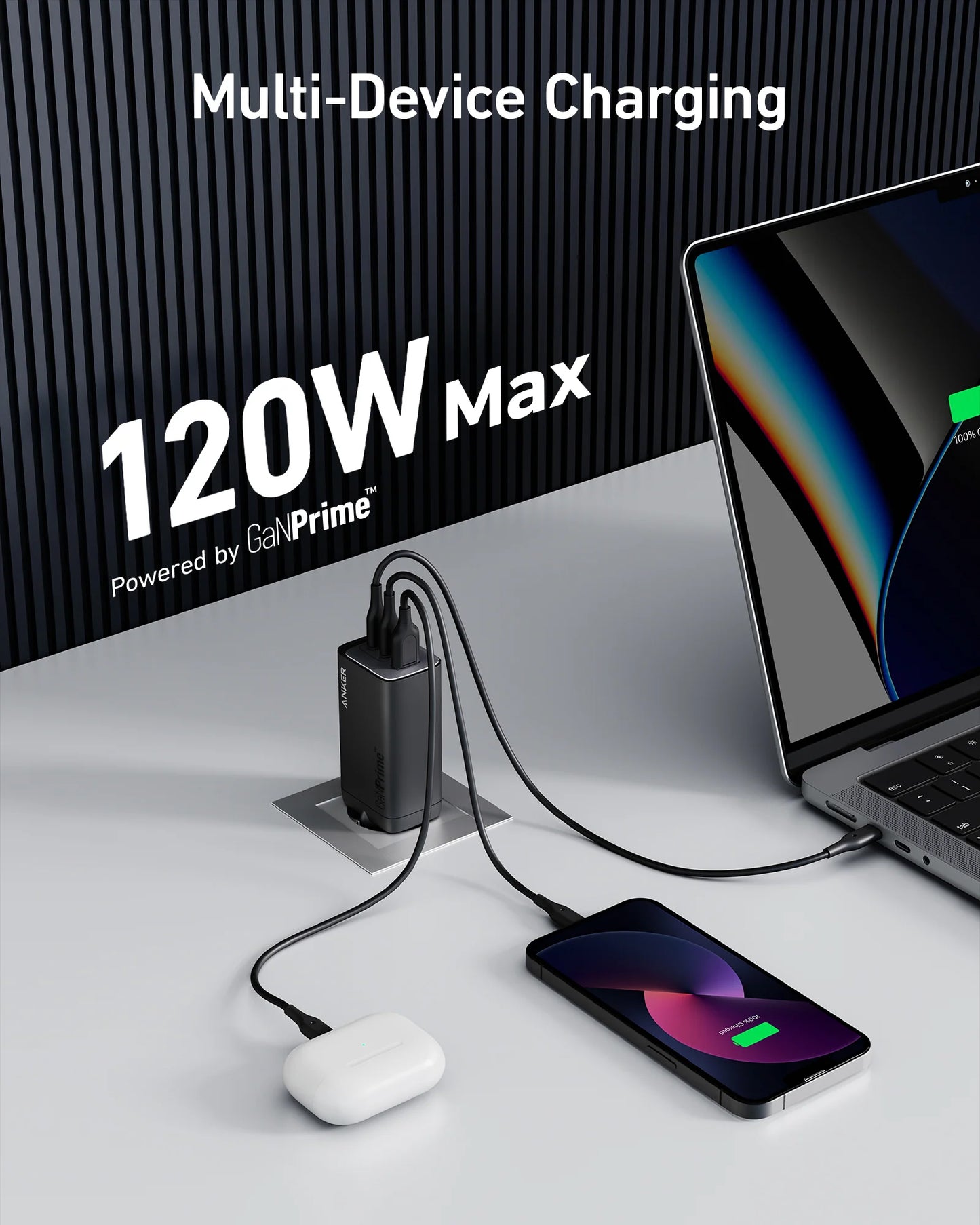 Netwerkoplader Anker 737, 120W, 5A, 1 x USB-A - 2 x USB-C, Zwart