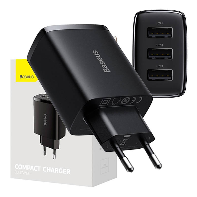 Netwerklader Baseus Compact 3U, 17W, 2.1A, 3 x USB-A, zwart CCXJ020101