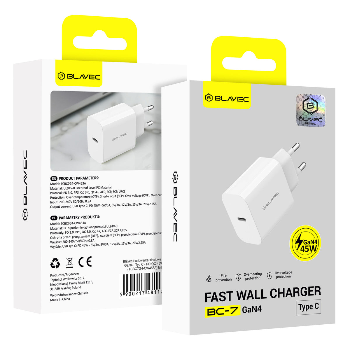 Blavec BC-7 Netwerkoplader, 45W, 3A, 1 x USB-C, Wit