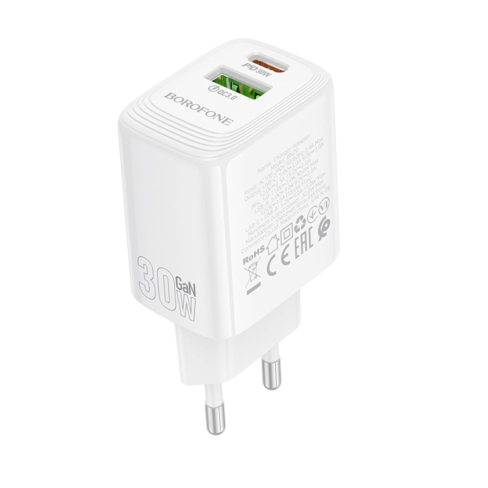 Chargeur Réseau Borofone BN29 Fuente, 30W, 3A, 1 x USB-A - 1 x USB-C, Blanc