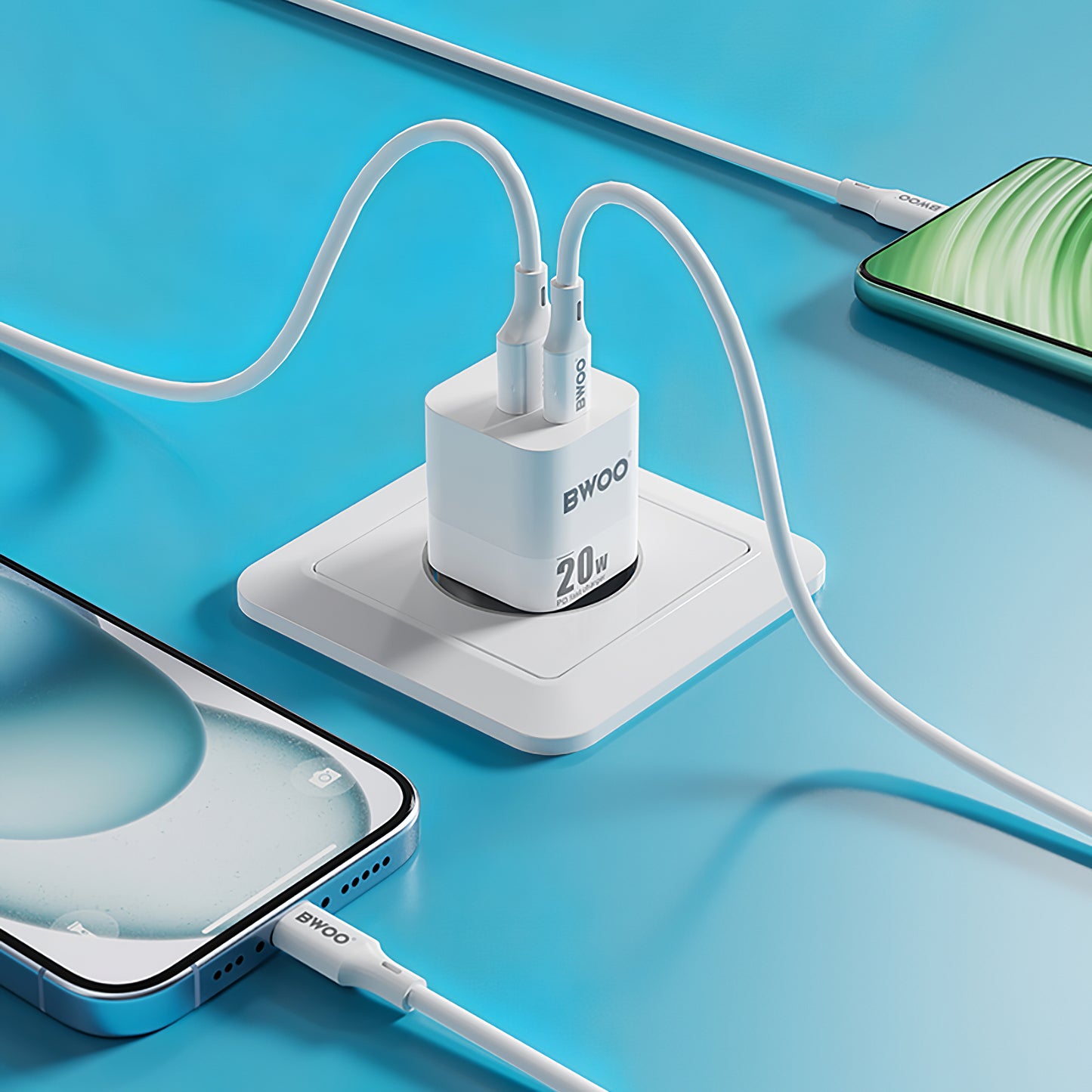 Netwerkoplader BWOO BO-CDA156, 20W, 3A, 1 x USB-A - 1 x USB-C, Wit