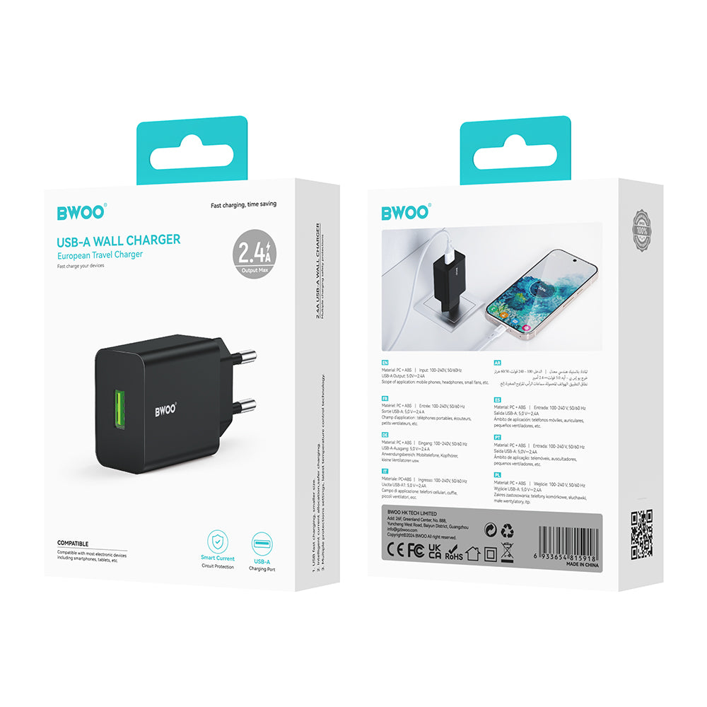 Netwerkoplader BWOO CDA249, 12W, 2.4A, 1 x USB-A, Zwart