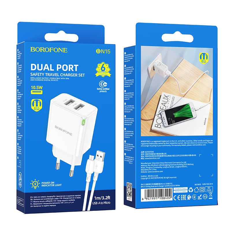 Netwerkoplader met microUSB-kabel Borofone BN15 Sterk, 10,5W, 2,1A, 2 x USB-A, Wit