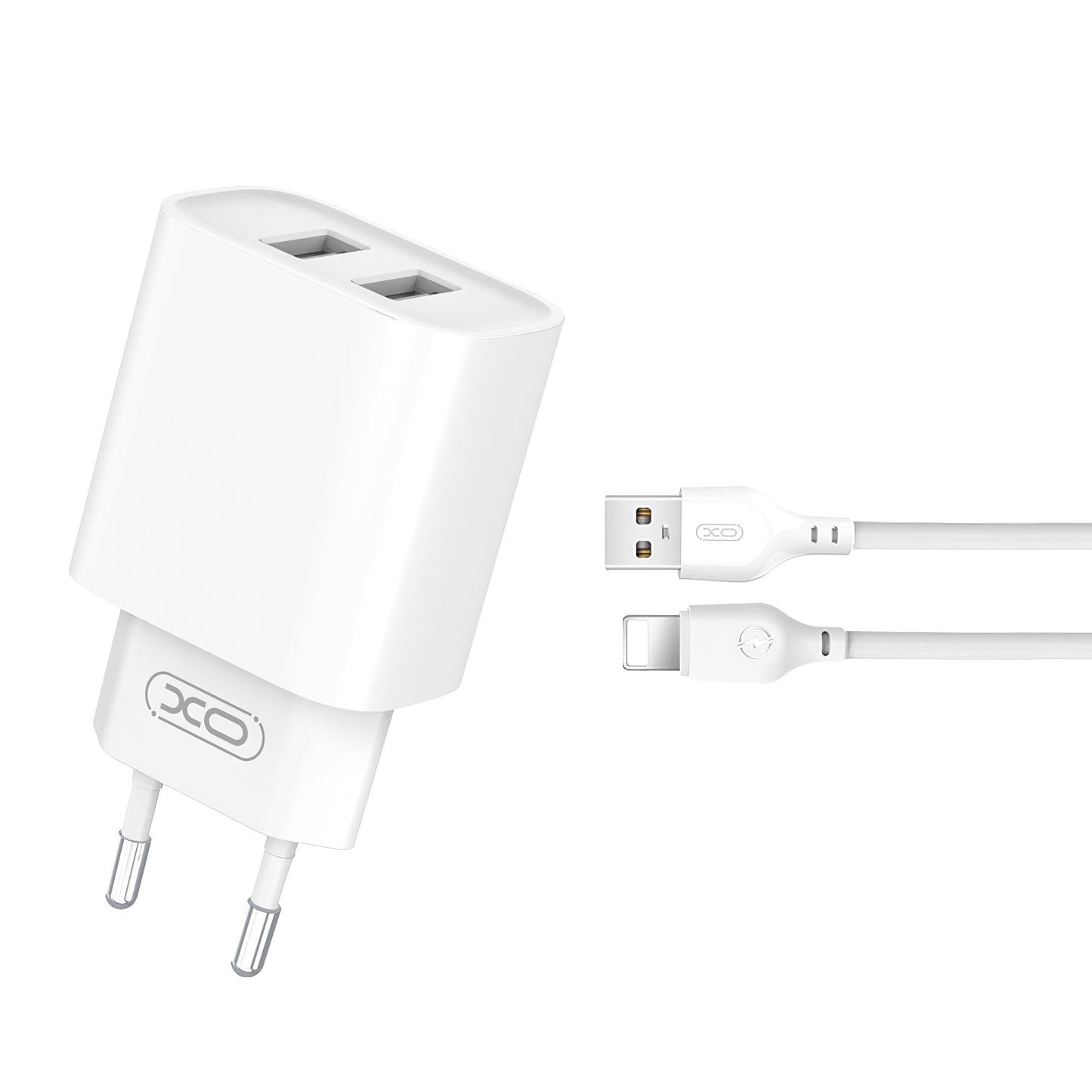 Netwerkoplader met Lightning-kabel XO Design CE02C, 10,5 W, 2,1A, 2 x USB-A, Wit