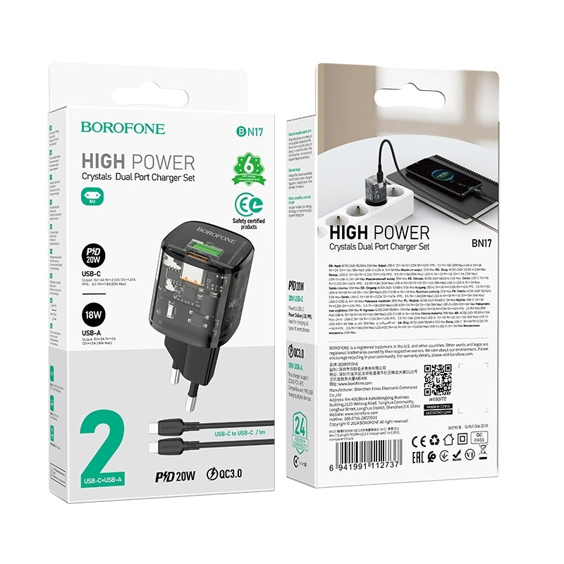 Netzladegerät mit USB-C Kabel Borofone BN17 Sunlight, 20W, 3A, 1 x USB-A - 1 x USB-C, Schwarz