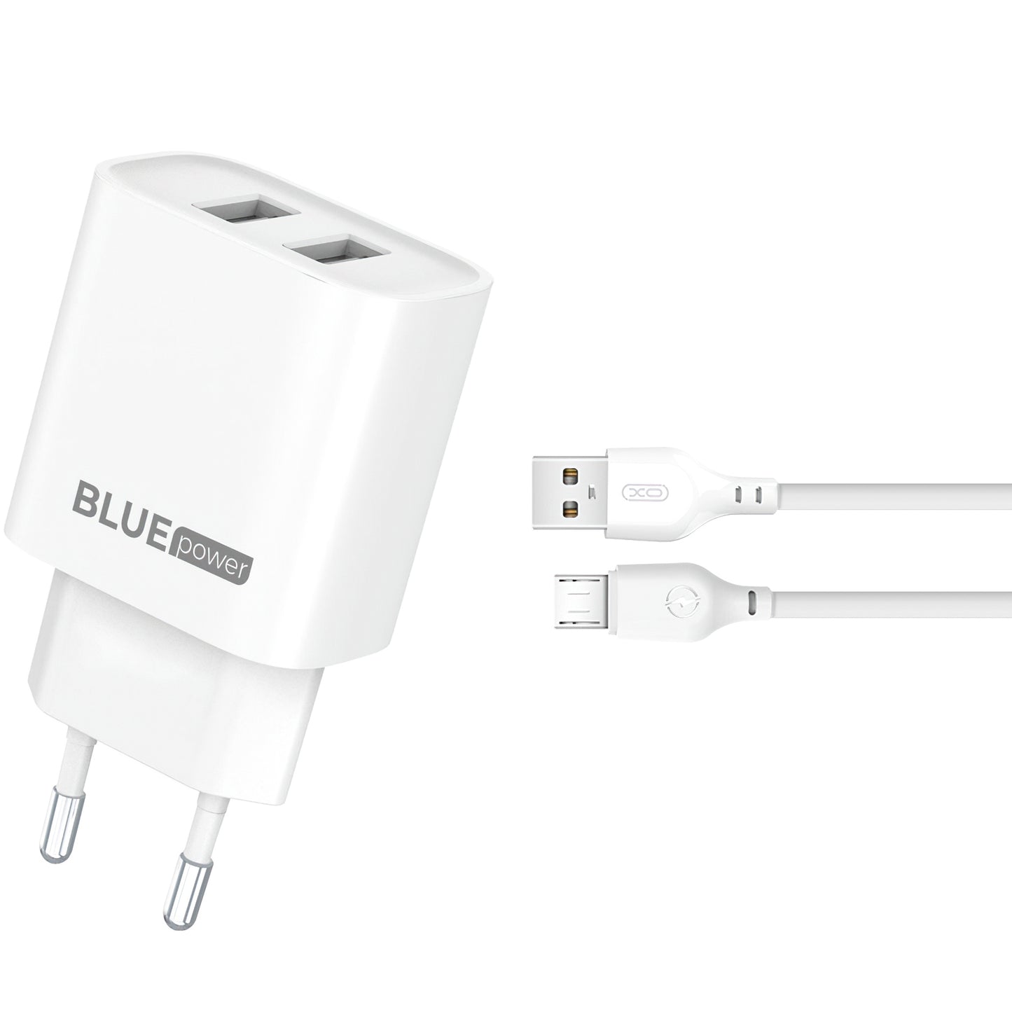 Blue Power BPCE02M Netwerkoplader met microUSB-kabel BPCE02M, 10,5W, 2,1A, 2 x USB-A, Wit