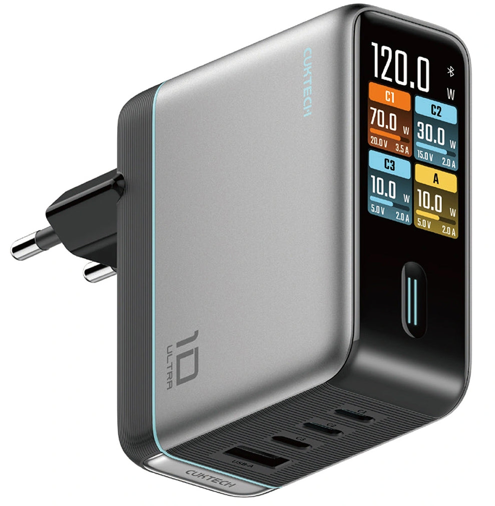 Netlader met USB-C-kabel Cuktech AD1204U Display, 120W, 6A, 1 x USB-A - 2 x USB-C, Zilver