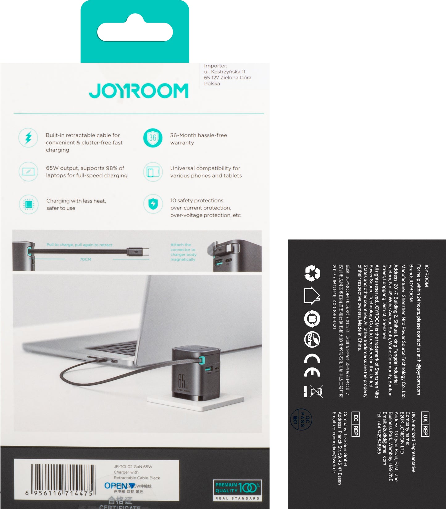 Joyroom JR-TCL02 USB-C kabelnetwerklader JR-TCL02, 65W, 3A, 1 x USB-A - 1 x USB-C, Zwart