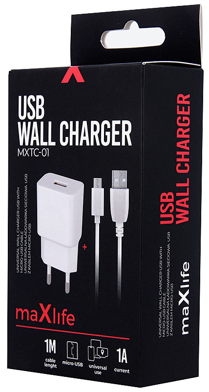 MaXlife MXTC-01, 5W, 1A, 1 x USB-A, Wit