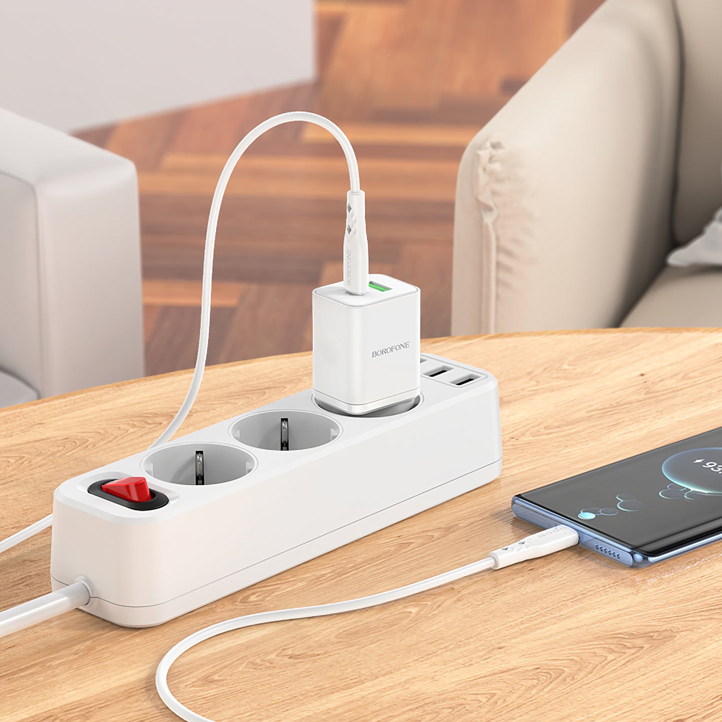 Chargeur réseau avec câble USB-C Borofone BN7, 20W, 3A, 1 x USB-A - 1 x USB-C, blanc