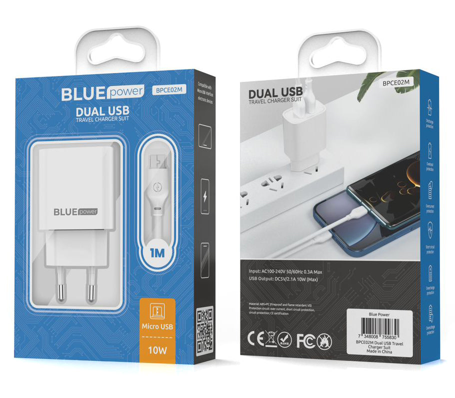Blue Power BPCE02M Netwerkoplader met microUSB-kabel BPCE02M, 10,5W, 2,1A, 2 x USB-A, Wit