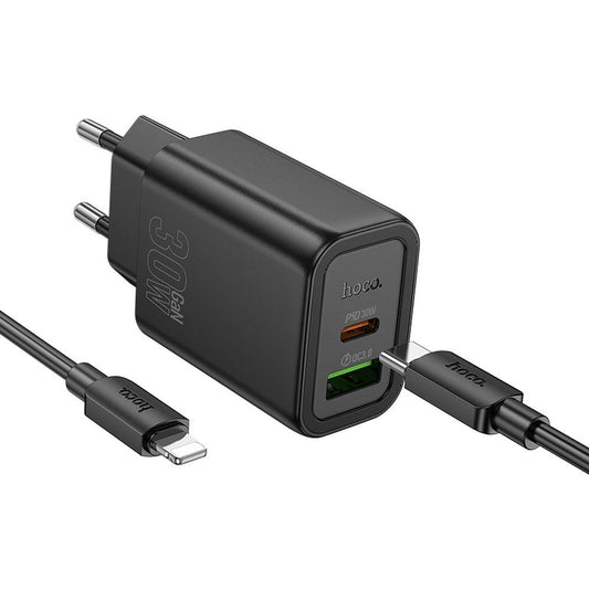 Chargeur réseau avec câble Lightning HOCO N63, 30W, 3A, 1 x USB-A - 1 x USB-C, Noir