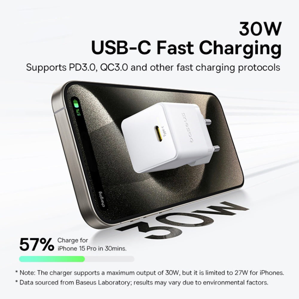 Chargeur Réseau avec Câble USB-C Baseus Palm, 30W, 3A, 1 x USB-C, Blanc P10111605213-01