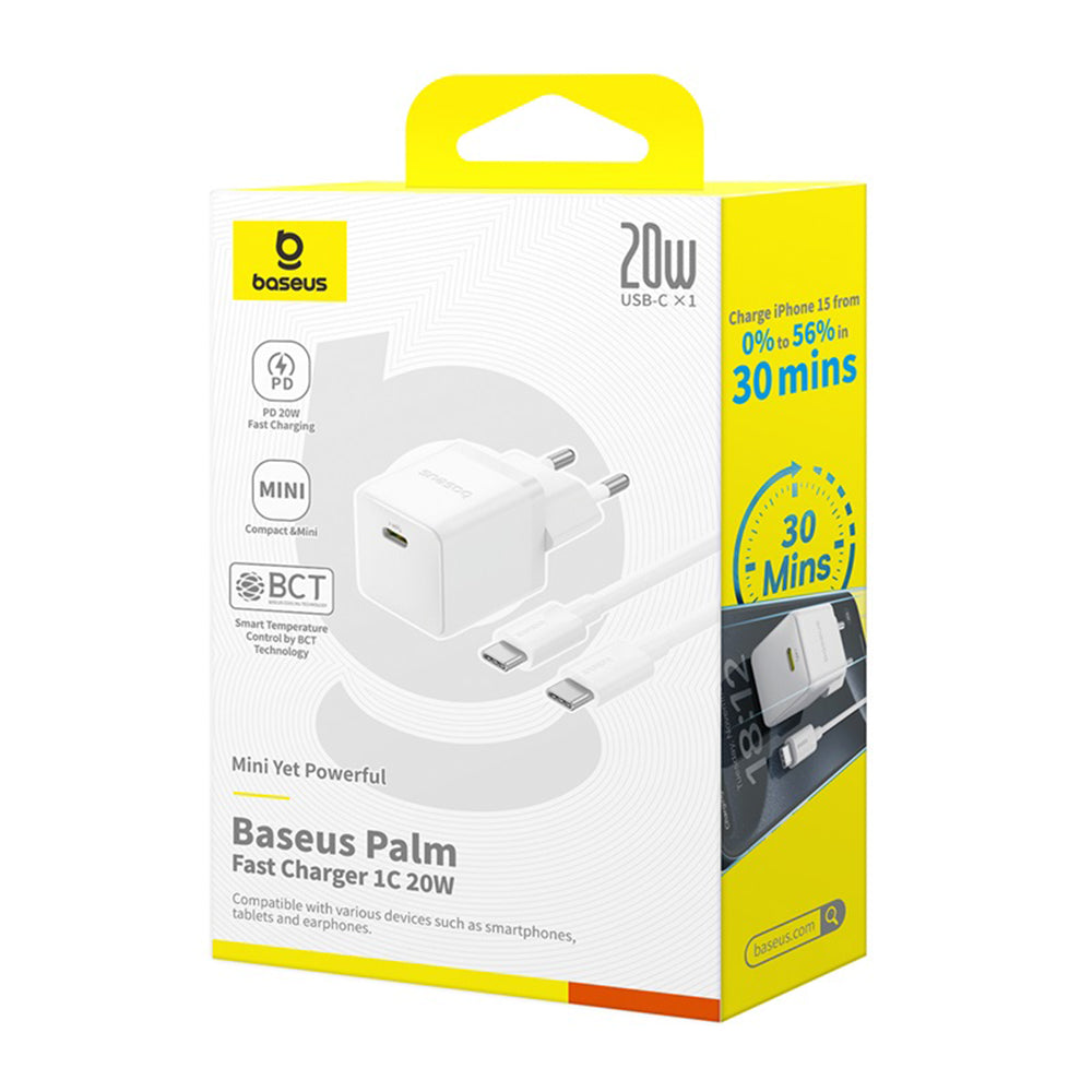 Chargeur réseau avec câble USB-C Baseus Palm, 20W, 3A, 1 x USB-C, Blanc P10111602213-01