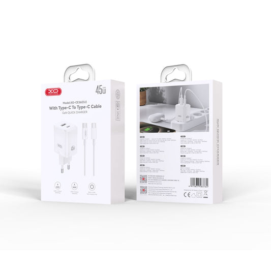 Network Charger with USB-C Cable XO Design CE36, 45W, 3A, 1 x USB-A - 1 x USB-C, White