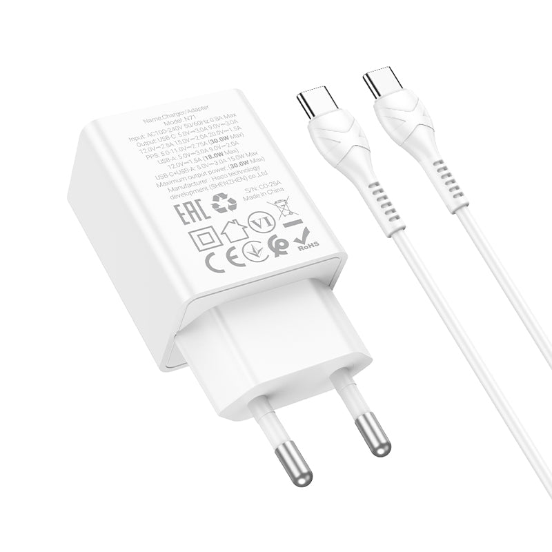 Netwerkoplader met USB-C Kabel HOCO N71, 30W, 3A, 1 x USB-A - 1 x USB-C, Wit