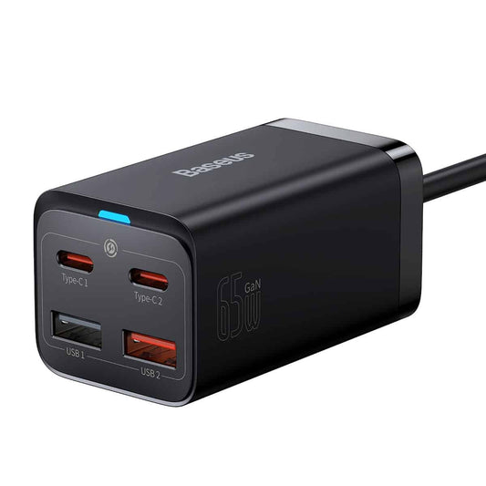 Baseus GaN3 Pro USB-C netwerkoplader met kabel, 65W, 3A, 2 x USB-A - 2 x USB-C, zwart CCGP04010101