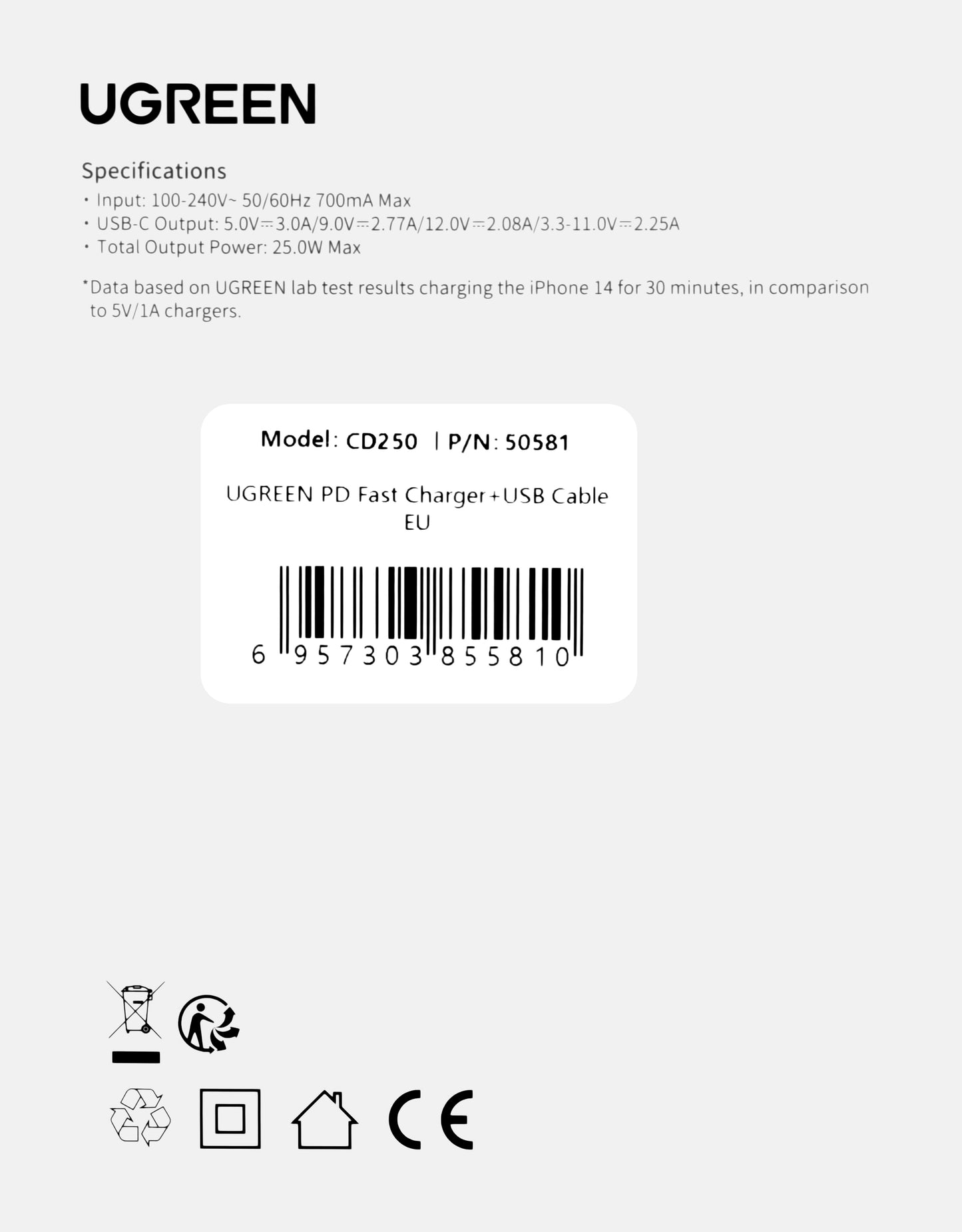 UGREEN CD250, 25W, 3A, 1 x USB-C, 1 x USB-C, Noir