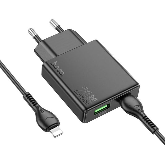 Netwerkoplader met Lightning-kabel HOCO N38, 20W, 3A, 1 x USB-A - 1 x USB-C, Zwart