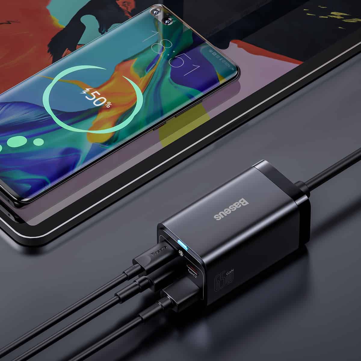 Ladestation Baseus GaN3 Pro, 65W, 3A, 2 x USB-A - 2 x USB-C, Schwarz CCGP040101