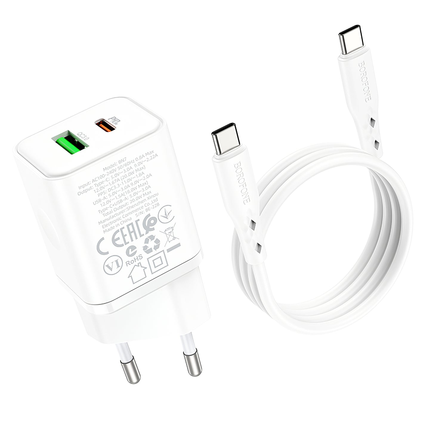 Chargeur réseau avec câble USB-C Borofone BN7, 20W, 3A, 1 x USB-A - 1 x USB-C, blanc