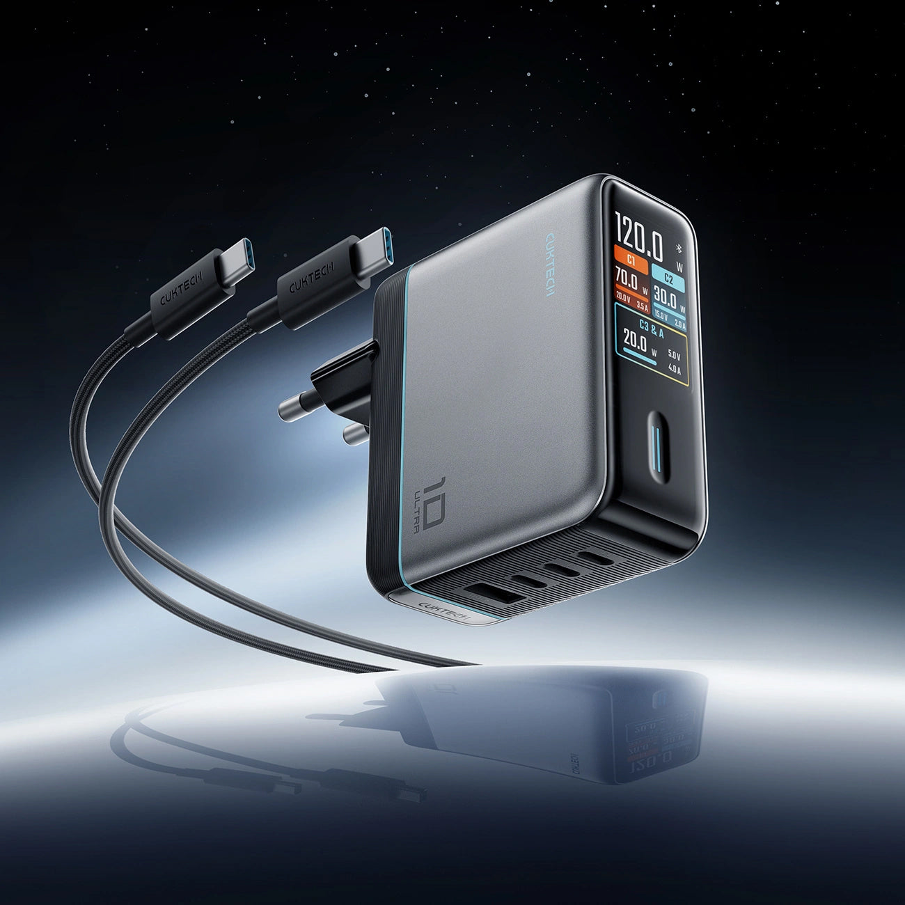 Netlader met USB-C-kabel Cuktech AD1204U Display, 120W, 6A, 1 x USB-A - 2 x USB-C, Zilver
