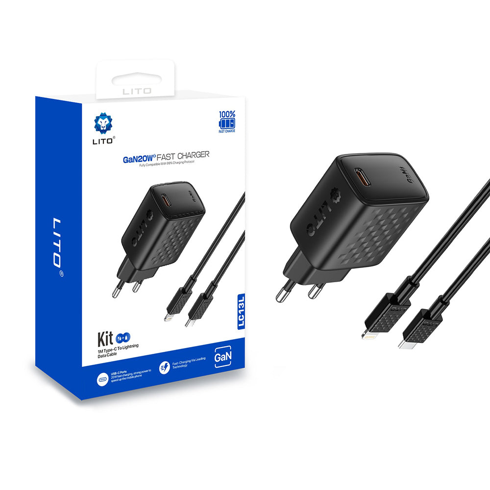 Chargeur réseau avec câble Lightning Lito LC13L, 20W, 3A, 1 x USB-C, Noir