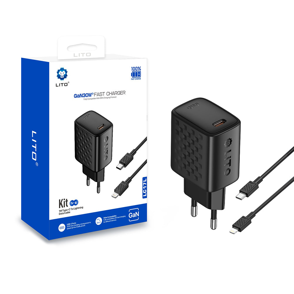 Chargeur réseau avec câble Lightning Lito LC17L, 30W, 3A, 1 x USB-C, Noir
