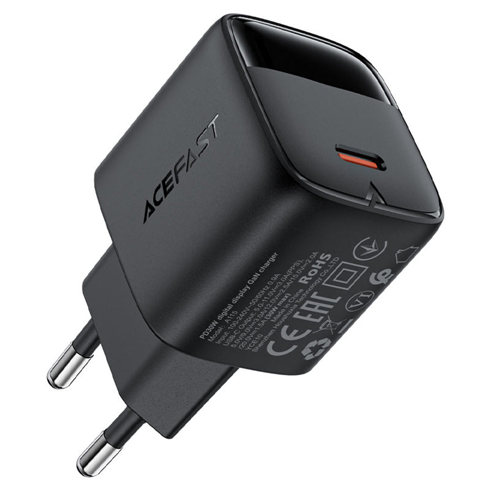 Acefast A115 Display USB-C Network Charger with Cable, 30W, 3A, 1 x USB-C, Black