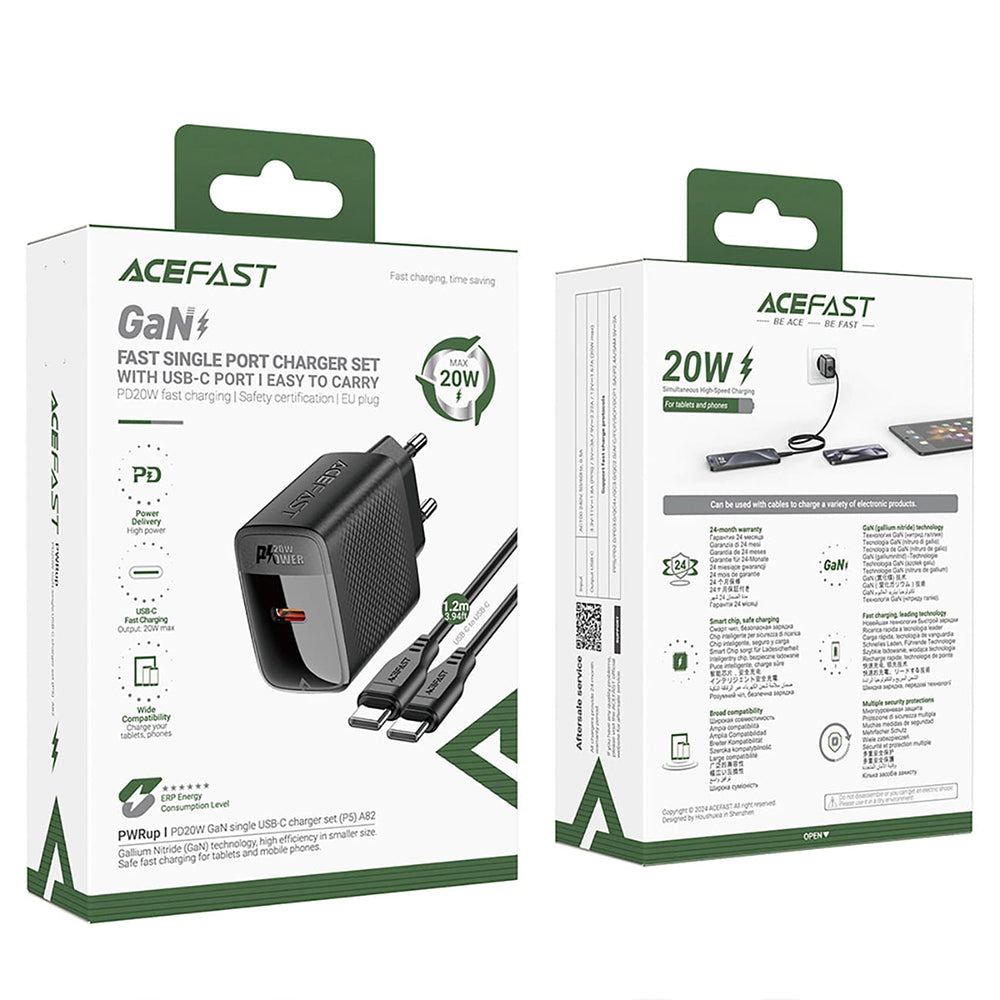 Netzladegerät mit USB-C Kabel Acefast A82, 20W, 3A, 1 x USB-C, Schwarz