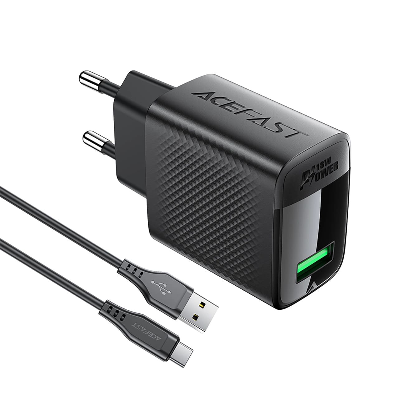 Netzladegerät mit USB-C Kabel Acefast A90, 18W, 3A, 1 x USB-A, Schwarz