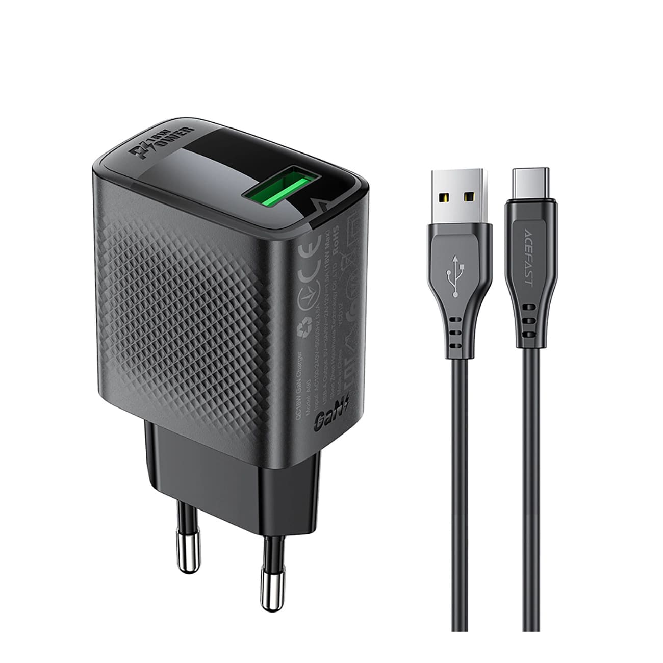 Netzladegerät mit USB-C Kabel Acefast A90, 18W, 3A, 1 x USB-A, Schwarz