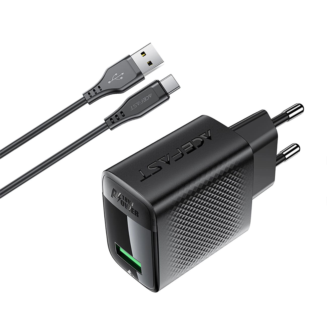 Netzladegerät mit USB-C Kabel Acefast A90, 18W, 3A, 1 x USB-A, Schwarz