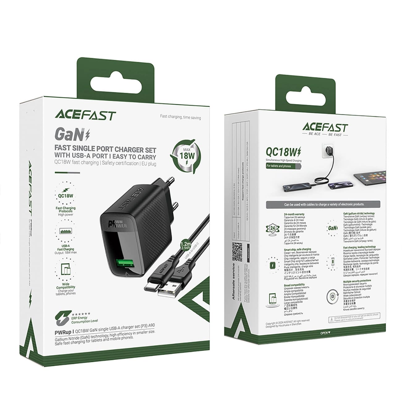 Netzladegerät mit USB-C Kabel Acefast A90, 18W, 3A, 1 x USB-A, Schwarz