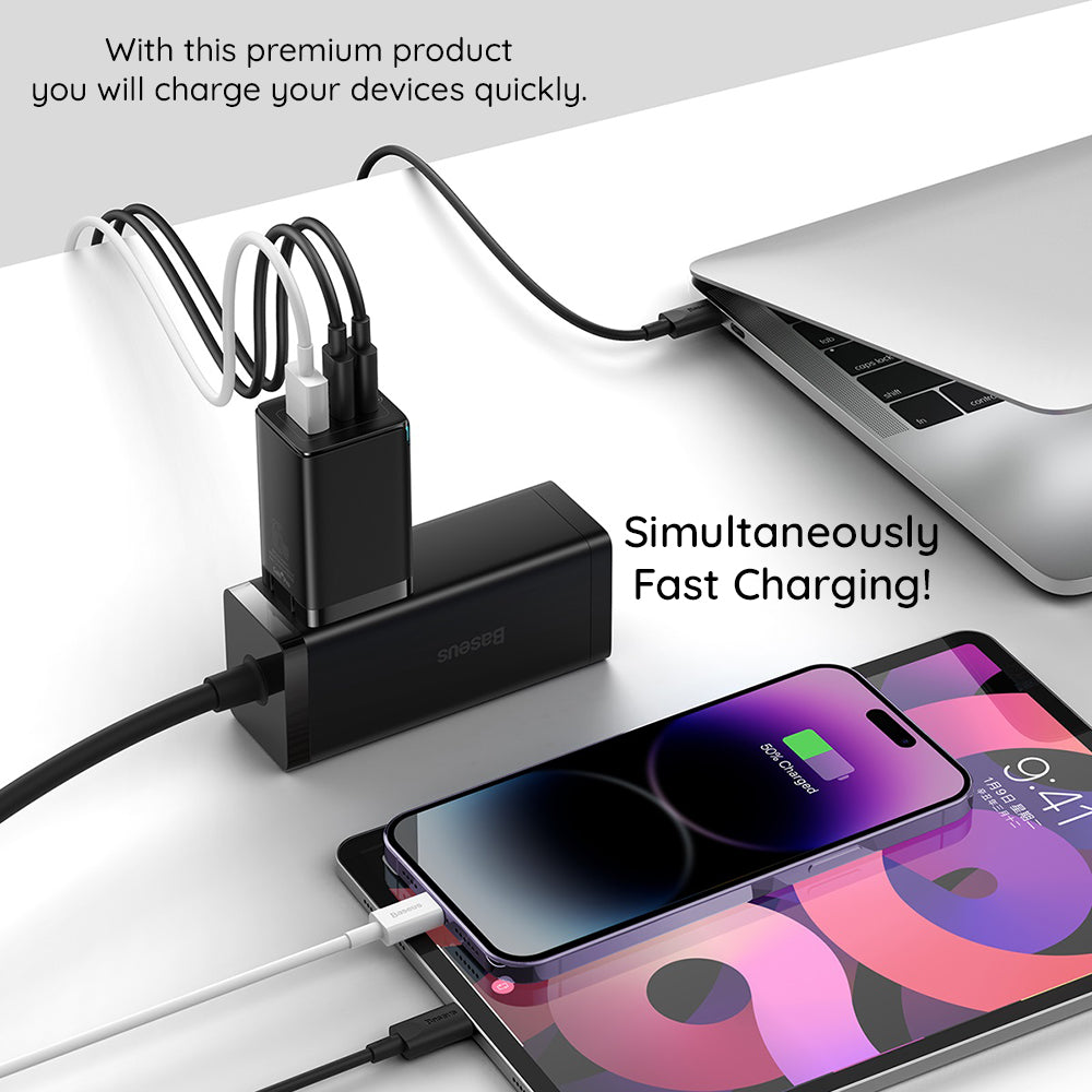 Chargeur Réseau avec Câble USB-C Baseus GaN5 Pro, 65W, 3.25A, 1 x USB-A - 2 x USB-C, Noir C0206500
