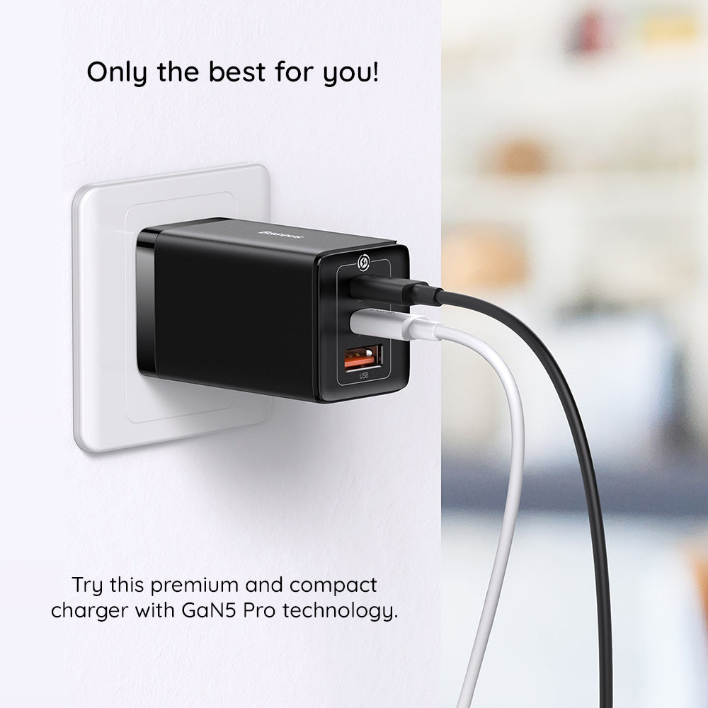 Chargeur Réseau avec Câble USB-C Baseus GaN5 Pro, 65W, 3.25A, 1 x USB-A - 2 x USB-C, Noir C0206500