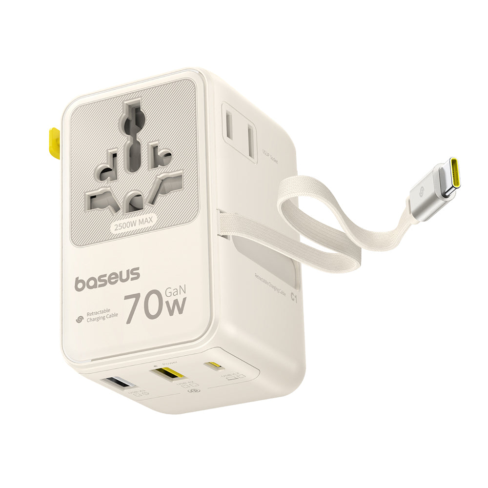 Netlader met USB-C-kabel Baseus Travel EnerCore CG11, 70W, 2 x Stopcontact - 1 x USB-C - 2 x USB-A, Wit E0307E01