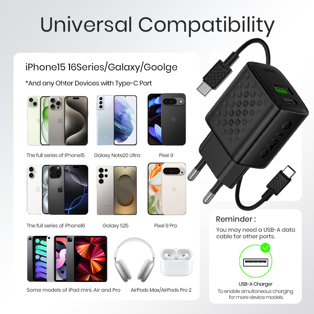 Netwerkoplader met USB-C Kabel Lito LC15T, 20W, 3A, 1 x USB-A - 1 x USB-C, Zwart