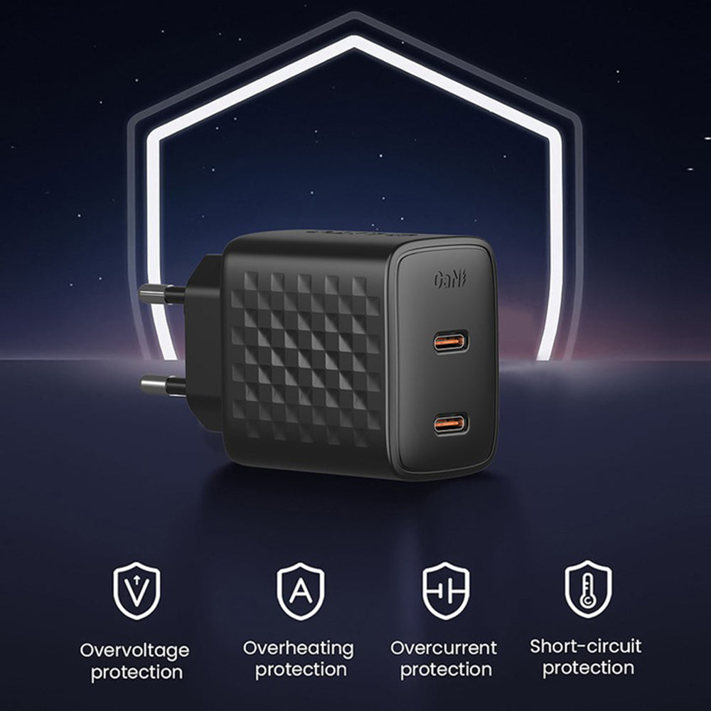 Chargeur réseau avec câble USB-C Lito LC22T, 45W, 3A, 2 x USB-C, Noir