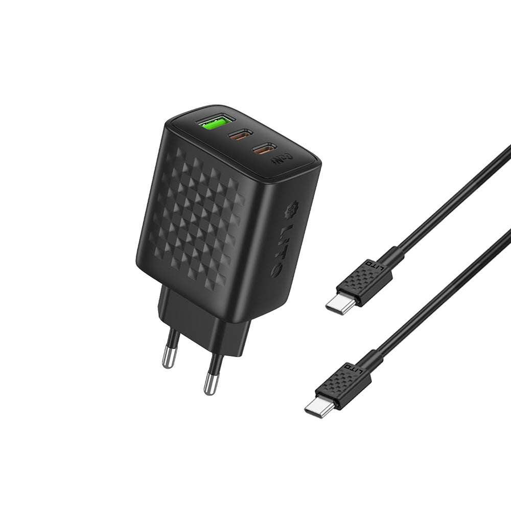Netwerkoplader met USB-C Kabel Lito LC25T, 65W, 3.25A, 1 x USB-A - 2 x USB-C, Zwart