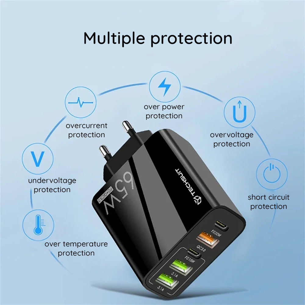 Netwerkoplader met USB-C Kabel Techsuit CHC2 PentaXPower, 20W, 3A, 3 x USB-A - 2 x USB-C, Wit