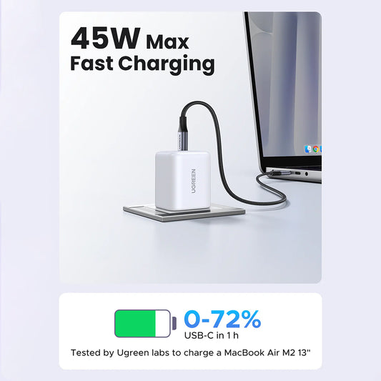 Chargeur secteur avec câble USB-C UGREEN X524 (65055), 45W, 3A, 1 x USB-C, Blanc